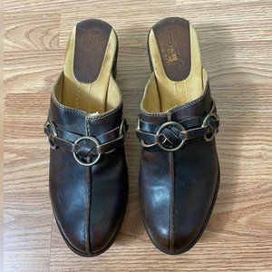 Frye Brown Leather Mule Clogs with Brass Rings